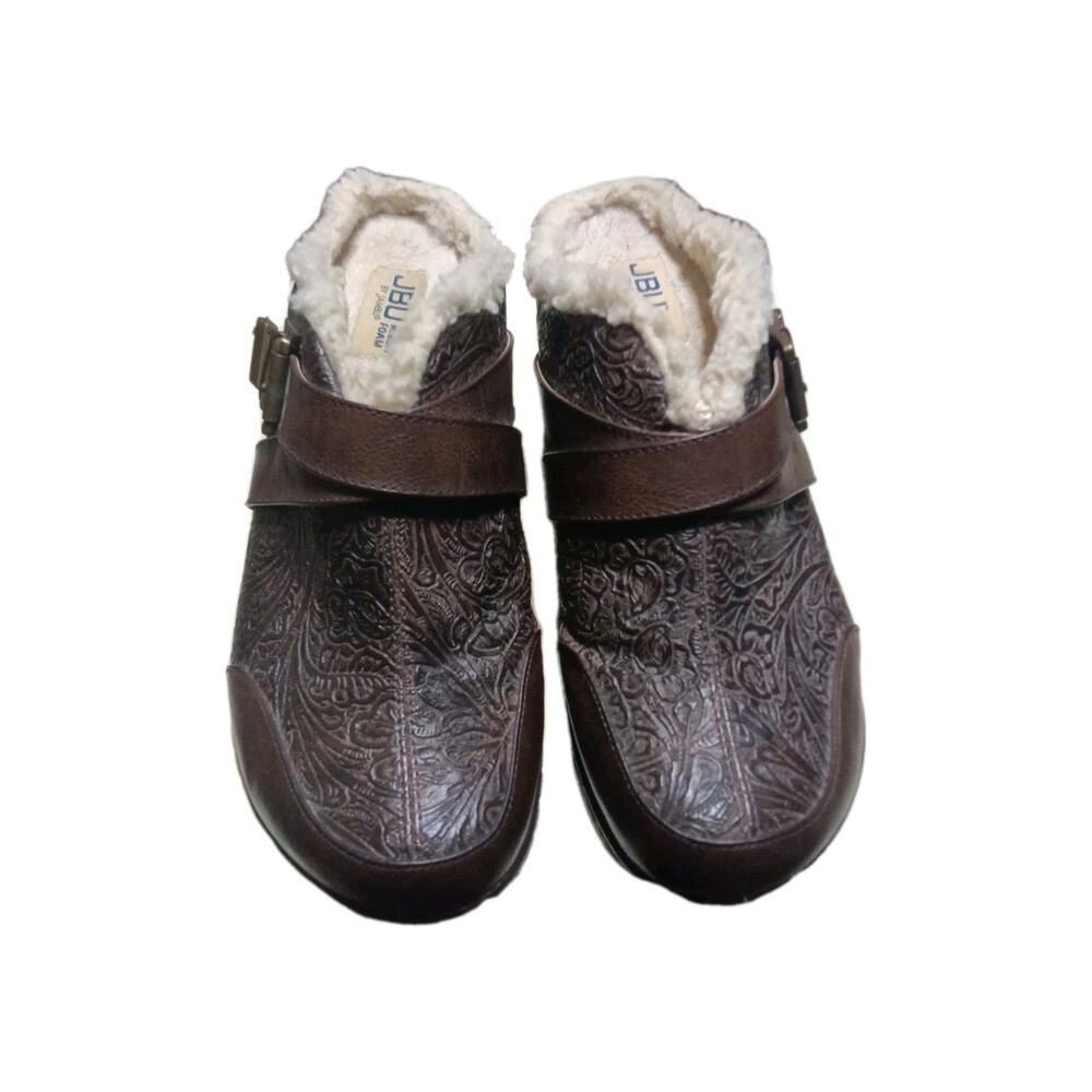 JBU by Jambu Womens Brown Sweden Vegan Faux Fur Lined Embossed Clogs Mules 9 M - Picture 1 of 7